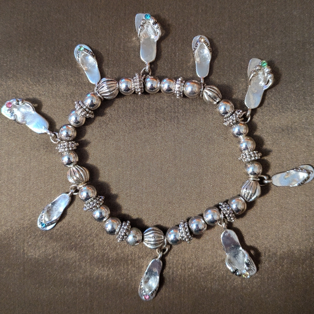 Super Cute Silver Tone Flip-Flop Charm Bracelet With Multi-Colored Rhinestones